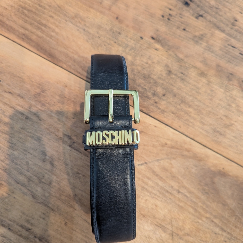 Moschino Black Leather Belt with Gold Buckle